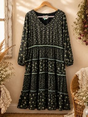 A+ Anthropologie Floral Tiered Prairie Boho Maxi Dress Black Green 16W